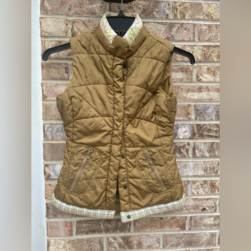 Y2K Wet Seal Brown/Olive Green Mixed Print Trim Puffer Sleeveless Vest XS - Picture 2 of 14
